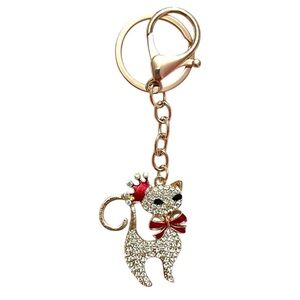 Fancy Crystal Cat Keychain Bag Charm With Red Crown And Bow